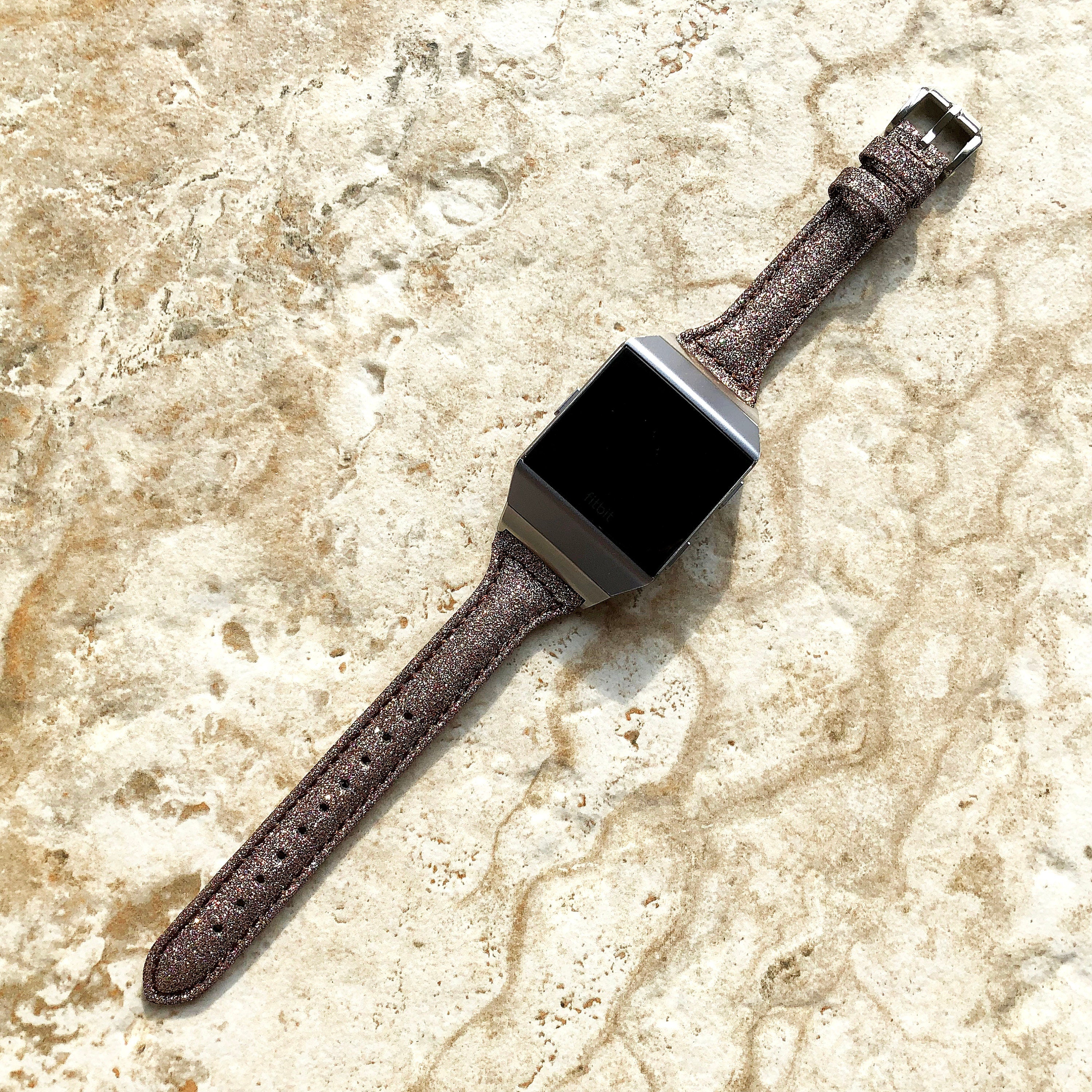 Fitbit Ionic Brown Sparkling Glitter Slim Elegant Soft Leather Band Strap Bracelet for Smartwatch Quick Adapters in Silver Rose Gold Black